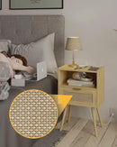 Rattan Nightstand with Outlet,Modern Bedside Table with Storage Drawer and Open Wood Shelf, for Living Room, Bedroom and Small Spaces, Accent Night Stand with Solid Wood Legs,Yellow Oak by CozyNest Decor