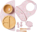 Bamboo Baby Feeding Set for Infants & Toddlers - Baby Essentials, Non-Toxic, Sustainable, Bamboo Suction Plate & Bowl, Bib, Sippy Cup w/Lid & Straw, Daily Use, Travel, Baby Shower Gifts (Pink) by TinyTreasures Baby Boutique