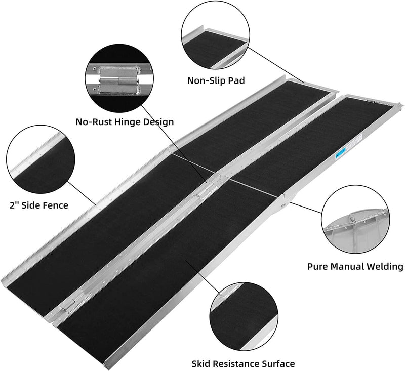 7FT Folding Aluminum Wheelchair Ramp with Handle, Utility Mobility Access Threshold Ramp