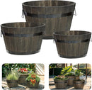 IDZO Set of 3 Wooden Flower Planters for Outdoor Plants, Acacia Wood Barrel Planters, Ergonomic Handles, Drainage Holes, Various Sizes, Black by GreenHaven Gardens
