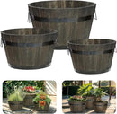 IDZO Set of 3 Wooden Flower Planters for Outdoor Plants, Acacia Wood Barrel Planters, Ergonomic Handles, Drainage Holes, Various Sizes, Black by CozyNest Decor