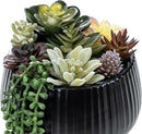 MyGift 8 Inch Modern Green Artificial Succulent Arrangement Potted in Matte Black Fluted Ceramic Round Planter, Decorative Plant Pot with Assorted Faux Mini Succulents by CozyNest Decor