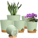 7/6.5/6/5.5/5/4 inch Self Watering Pots for Indoor Outdoor Plants, 6 Pack Plastic Flower Planters with Drainage Holes and Removable Saucers, Plant Pots with Wicking Rope, Green Brown by GreenHaven Gardens