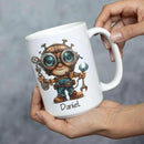 Personalized Tech Enthusiast Coffee Cup 11oz 15oz, Customized Steampunk Character Design Ceramic Mug, Unique Custom Name Mug Gift For Engineer, Kid Cup, Cute Mechanic White Cup by CozyNest Decor