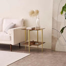 Glass End Table, Mid-Century Modern Design Sofa Table, L41 x W21 x H17, for Living Room, 2-Tier Structure, Clear Glass Top and Walnut MDF Shelf, Sleek Conical Metal Legs with Gold Finish Frame by CozyNest Decor