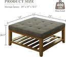 Large Square Ottoman Coffee Table, Linen Solid Upholstered Footrest Ottoman with Solid Wood Shelf Storage Tufted Coffee Table for Bedroom Living Room, Granite by CozyNest Decor