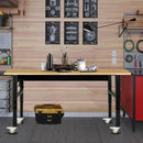 60" Adjustable Work Bench, Rubber Wood Top Workbench Heavy-Duty Work Table with Power Outlet with Wheels, 2000 LBS Load Capacity Hardwood Work Benches for Garage, Workshop, Home, Office, Easy Assembly by GreenHaven Gardens