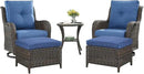 Outdoor Wicker Patio Furniture Set - 5 Pieces Rattan Patio Conversation Set with 2 Rocking Swivel Chairs,2 Ottomans and 1 Side Table for Porch Deck Backyard Garden(Brown/Blue) by GreenHaven Gardens