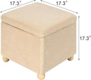 Adeco 17 Inch Soft Oatmeal Cube Ottoman Storage, Teddy Velvet Chair Foot Stools, Upholstered Vanity Stool with Hinged Lid, Solid Round Wood Legs by CozyNest Decor