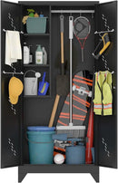 Metal Storage Cabinet with Lock Door, 75" Tall Garage Storage Cabinet with Hanging Rod, Broom Closet Bathroom Storage Cabinet, Cleaning Tool Cabinet by CozyNest Decor