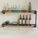 41 Inch Wine Rack Wall Mounted 2 Tier, Hanging Floating Bar Liquor Shelves with Glass Holder Storage Under, Industrial Rustic Pipe Farmhouse Kitchen Decor Black by CozyNest Decor