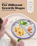 Stainless Steel Toddler Plate with Suction, 8” Divided Plates with Removable Silicone Sleeves for Baby, Non Toxic & BPA Free | Non Slip | Unbreakable Kids Snack Dishes Set of 2, Green & Purple by TinyTreasures Baby Boutique