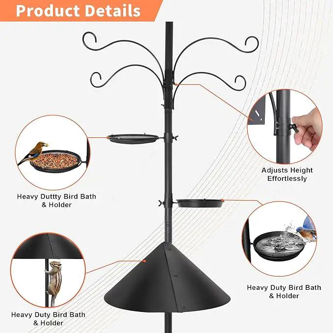 eWonLife 92 Inch Bird Feeder Pole with Squirrel Baffle & Upgraded 9-Prong Base, Adjustable Bird House Pole for Outdoors Heavy Duty, Bird Feeder Stand Post Station with 4 Shepherd Hooks, Birdbath, Tray, photo 4 of 7