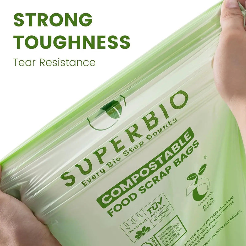 SUPERBIO 2.6 Gallon Compostable Bags, 100 Count, 2 Pack, 9.84L, Handle Tie Food Waste Bags, BPI and OK compost INDUSTRIAL Certified, photo 6 of 6
