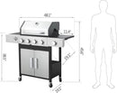 4-Burner Propane Gas Grill With Side Burner, 34,200 BTU Outdoor BBQ Grill with Stainless Steel Warming Rack & Enameled Cooking Grids – Foldable Side Tables, Built-in Thermometer – Heavy-Duty 6" Wheels by GreenHaven Gardens