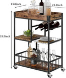 Bar Cart with Basket 3 Tiers Home Rolling Wine Rack with Wheels Mobile Kitchen Industrial Vintage Style Wood Metal Serving Trolley Serving Cart,Glass Holder Bar Cabinet by CozyNest Decor
