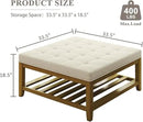 Large Square Ottoman Coffee Table, Linen Solid Upholstered Footrest Ottoman with Solid Wood Shelf Storage Tufted Coffee Table for Bedroom Living Room, Ivory by CozyNest Decor