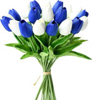 Mandy's Artificial Tulips 20 Stems Blue and White PU Faux Flowers for Wedding Home Decor 13.5 Inch by CozyNest Decor