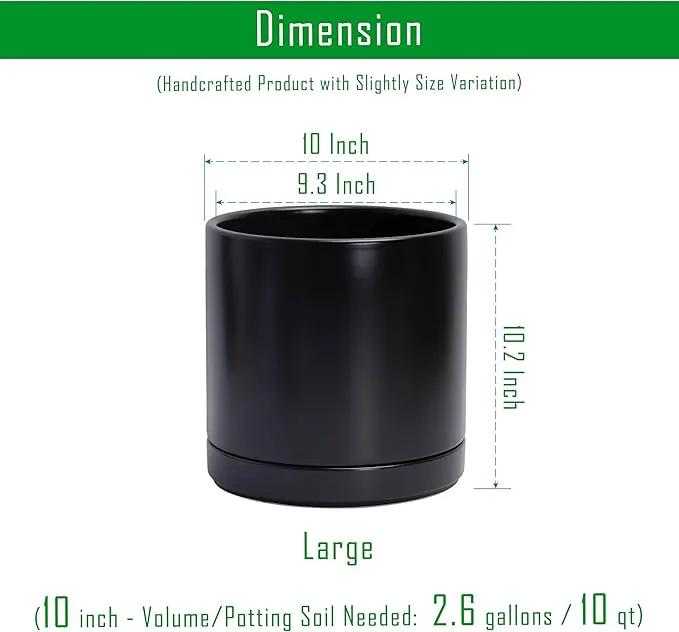 D'vine Dev Set of 2 Plants Pots, 10 Inch Ceramic Planter Pot for Plants with Drainage Hole and Saucer, Black, 94-V-E-2, photo 3 of 7