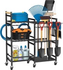 NADAMOO Garden Tool Organizer with Rolling Wheel, 3-tier Metal Shelf Yard Tool Holder, Utility Stand Rack for Garage Organization and Storage, Hold Long-Handled Rakes, Shovel, Broom by GreenHaven Gardens