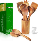 Teak Wooden Spoons for Cooking - 9 Pcs Comfort Grip Kitchen Utensil Set with Holder & Rest by CozyNest Decor