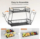 2 Tier Fruit Basket with 2 Banana Hangers, Fruit Bowl for Kitchen Countertop with 2 Wooden Handle, Detachable Metal Fruit Holder for Vegetable Bread with 2 Protective Pads, Black by CozyNest Decor