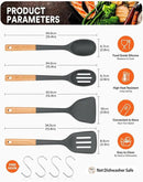 Silicone Cooking Utensils Set, Perfectly Angled for Frying, Mixing,Serving,Draining,Turning and Stirring, BPA-Free Matte Silicone, Wood Handles, Safe for Nonstick Cooking Surfaces,4 Pack (Grey) by CozyNest Decor