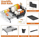 Extendable Dish Drying Rack, Multifunction Dish Rack for Kitchen Counter, Expandable Dish Drainer Over Sink, Large Dish Strainer with Cups Holder, 1 Tier Black