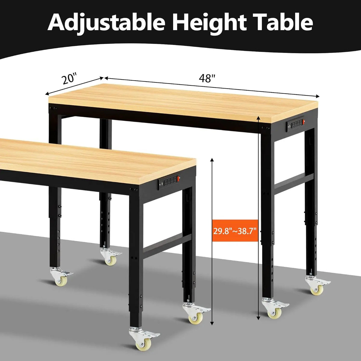 48” Adjustable Workbench，Heavy Duty Wood Work Bench 2000 Lbs Load Capacity,Work Table with Power Outlet and Wheels for Garage, Workshop, Office, Home, photo 5 of 6