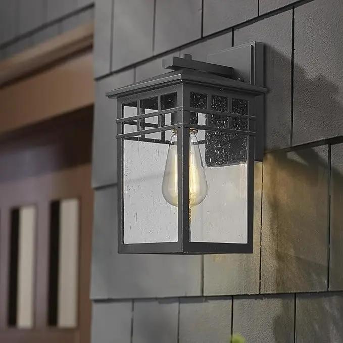 Outdoor Light Fixture Wall Mount, Modern Exterior Lights Fixture Wall Sconces with Seeded Glass for Front Porch, Farmhouse Waterproof Black Carriage Lantern Lamp Outside for Home, Garage, 2 Pack, photo 5 of 9