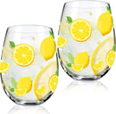 Sliner 2 Pack Lemon Stemless Wine Glasses 17oz Lemon Drinking Glasses Clear Stemless Wine Tumbler Unique Gift for Wedding, Mother's Day Birthday Drinking Party by CozyNest Decor