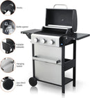 3-Burner Propane Gas BBQ Grill with Side Burner - Stainless Steel 30,000 BTU Patio Garden Barbecue Grill with Two Foldable Shelves by GreenHaven Gardens