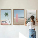 Tinonedraw Large Ocean Beach Framed Canvas Wall Art, Summer Coastal Surfboard Wall Decor, Palm Tree Pink Car Artwork, Modern Surfing Seascape Art Prints for Living Room Bedroom Office 16"x24"x3 by CozyNest Decor