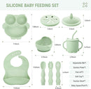 Baby Weaning Set, Silicone Feeding Set(10 Pcs), Toddler Set with Adjustable Bib, Suction Bowl, Plate, Fork, Spoon, Water & Snack Cup Kit, Led Kit for Babies, and Kids Green GJTZ-04 by TinyTreasures Baby Boutique