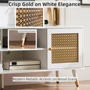 JYED Mid Century Modern TV Stand and Console for TVs Up to 75" - White Entertainment Center, 2 Gold Metal Mesh Doors & MDF Wood Grain, 15.8" D x 66" W x 23.5" H by CozyNest Decor