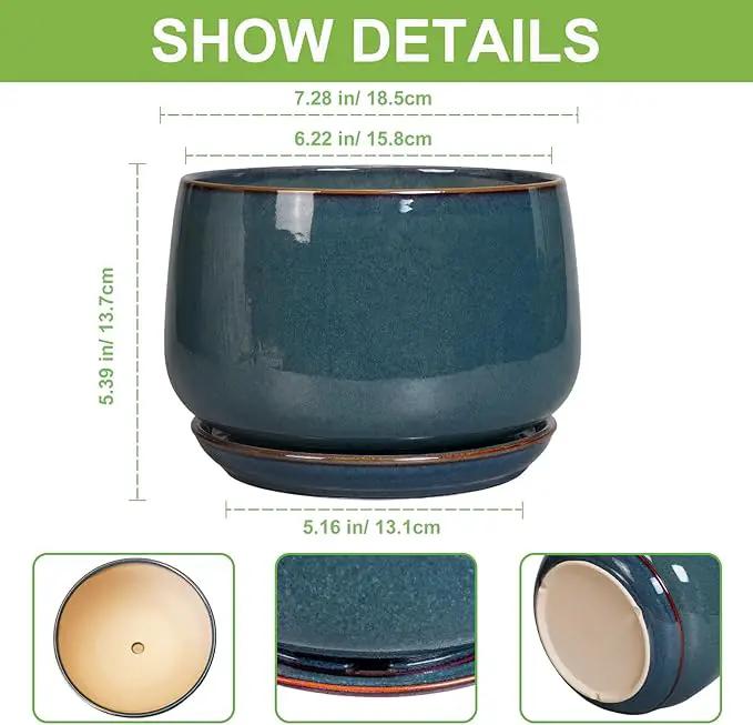 G EPGardening Ceramic Pot for Plants - Modern 7 Inch Round Planter with Drainage and Tray Indoor Outdoor for Flower, Porch Decor, Gardening Gifts, Retro Blue, photo 3 of 8
