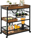 Bar Cart for The Home, 3 Tire Industrial Rolling Serving Cart on Lockable Wheels, Alcoholic Beverage Trolley with 2 Removable Trays, Wine Rack and Glass Holder for Indoor, Outdoor by CozyNest Decor