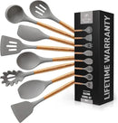 Zulay Kitchen Utensils Set Non-Stick Silicone Cooking Utensils Set with Authentic Acacia Wood Handles - 8 Piece Set - Silicone Kitchen Utensils Set with 464°F Heat Resistance - Gray by CozyNest Decor