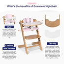 Cowiewie Natural Wooden High Chair for Babies & Toddlers 3-Tier Remove Adjustable Tray and Highchair with Cushions, Easy to Clean, Portable. (Pink) by TinyTreasures Baby Boutique