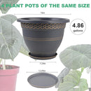 4 Pack 16 Inch Large Plant Pots, Plastic Flower Pot for Indoor & Outdoor with Drainage Holes & Saucer, Plaid Pattern Planters Garden Pots for Herbs Gold by CozyNest Decor