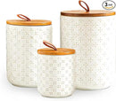 JOJUNO White Ceramic Canister Set with Wooden Lids – 3-Piece Airtight Food Storage Jars for Kitchen, Embossed Design, Small/Medium/Large Sizes (12/30/48 oz) – Flour, Sugar, Coffee, Tea Containers by CozyNest Decor
