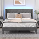 Queen Size Bed Frame with LED Lights, Upholstered Bed Frame with Wingback Diamond Tufted Headboard, Wood Slats Support, Noise-Free, Easy Assembly, No Box Spring Needed, Grey