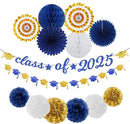 Navy-Blue Gold-White Party-Decoration Graduation Banner - 14pcs Kits Cap Garland Streamers, Royal Paper Tissue Pom Poms Flowers Fans Honeycomb,Class Of 2025 College High School Grad Decor Hugfond by CozyNest Decor