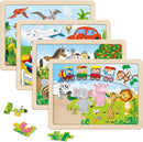Wooden Puzzles for Kids Ages 4-6, 4 PCs 24 Animals Cars Farm Dinosaur World Jigsaw Puzzles, Preschool Educational Brain Teaser Toys for 3 4 5 6 7 8 Years Old by TinyTreasures Baby Boutique