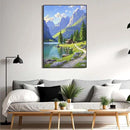 Landscape wall painting of mountain forest lakeside cabin under blue sky and white clouds natural oil painting poster suitable for living room bedroom office by CozyNest Decor