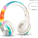 LilGadgets Connect+ Pro Kids Headphones with Mic and Cord, SharePort Technology, Over-Ear Foldable Headset, Volume Limit 93db, Wired Inline 3.5mm Jack for School - Tie Dye Rainbow Headphones for Kids by TinyTreasures Baby Boutique