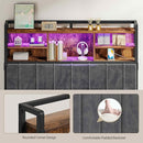 Headboard with 3-Tier Storage Shelves, Velvet Upholstered Head Board with 2 Outlets, USB Ports & LED Light, Soft Backrest for Full Size Bed, Rustic Brown and Black BH13801B by CozyNest Decor