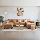128'' Sleeper Couch, Large Sofa Bed with Storage, Faux Leather 8 Seater Sofa, Mid Century Modern Couch Sofa for Living Room, Guest Room, House, Apartment, Office, Loft, Tan by CozyNest Decor