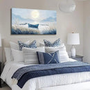 Large Wall Art for Living Room Bedroom Decor - Modern Nautical Beachy Ocean Beach Seascape Nature Artwork with Blue Boat Moon Lake Mountain Sea - Relaxing Serene Canvas Picture for Coastal Rustic Home by CozyNest Decor