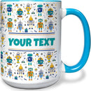 Personalized Mug for Kids - Robots - Custom Name/Text, Ceramic Hot Chocolate/Cocoa/Coffee Cup for Boys, Birthday/Christmas/Holiday Gift - 15 oz, Light Blue Handle by TinyTreasures Baby Boutique